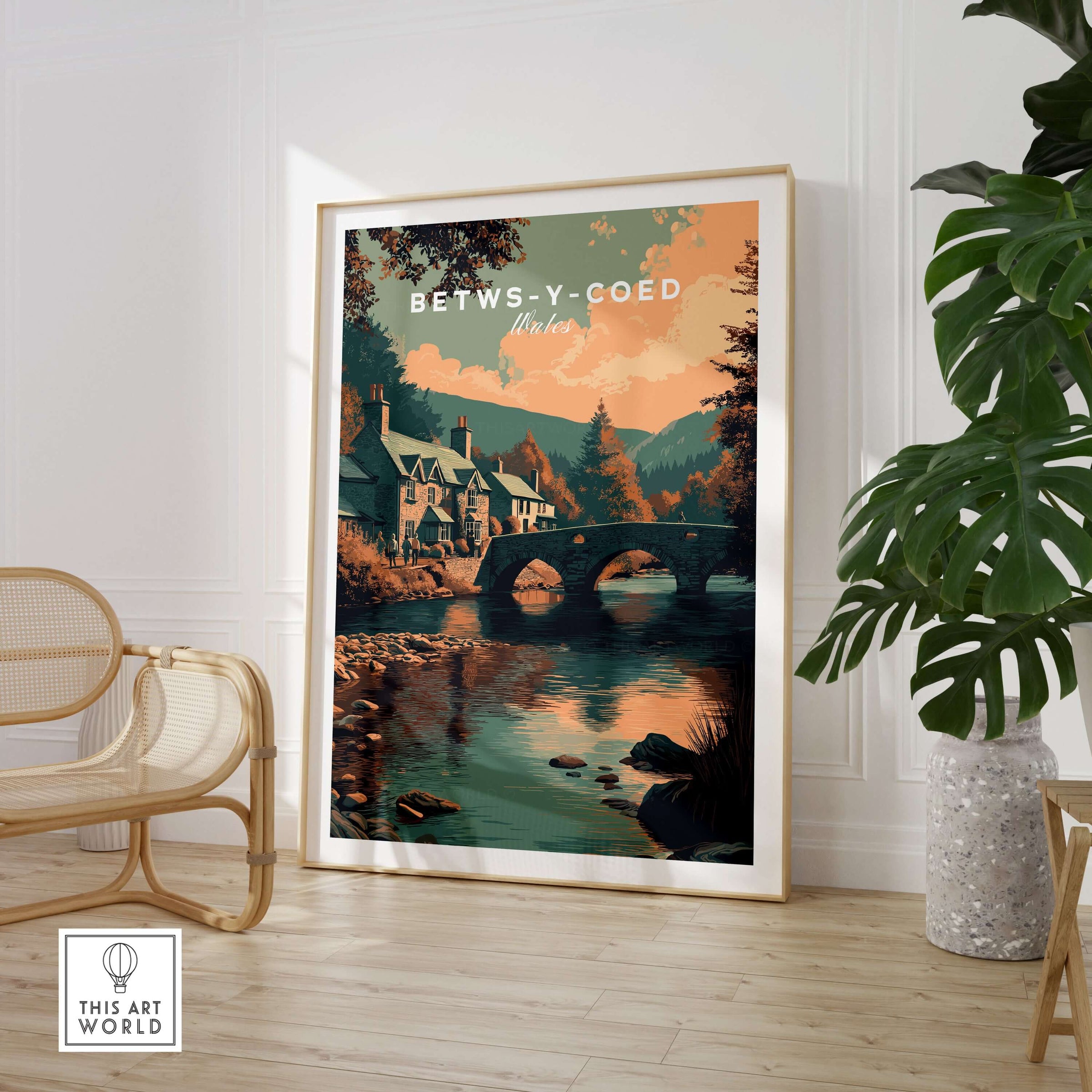 Betws-y-Coed Wales Village Art Print - Scenic Welsh Travel Poster displayed in a styled room with a cozy atmosphere.