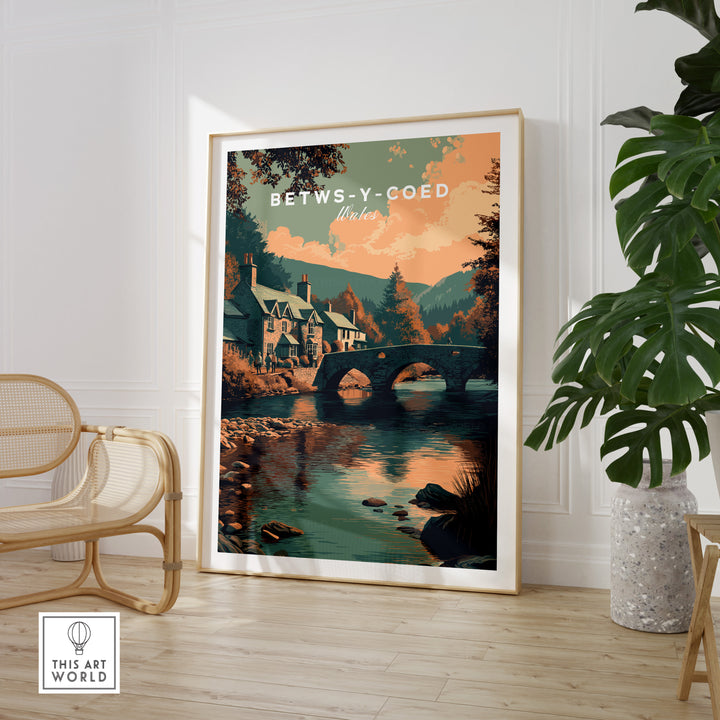 Betws-y-Coed Wales village art print featuring a charming bridge and scenic landscapes, perfect for travel enthusiasts.