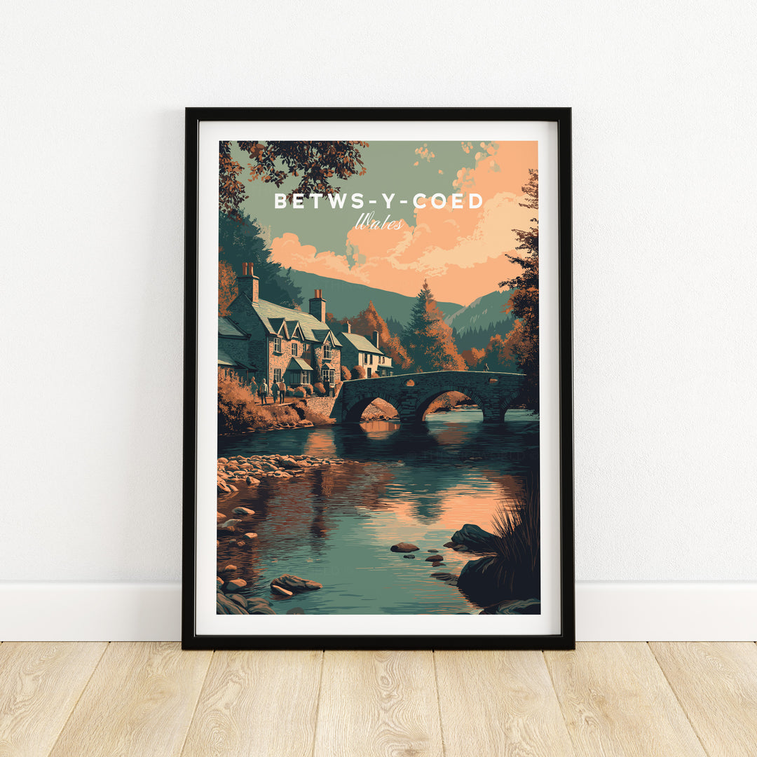 Betws-y-Coed scenic art print showing charming village and bridge with tranquil river view.