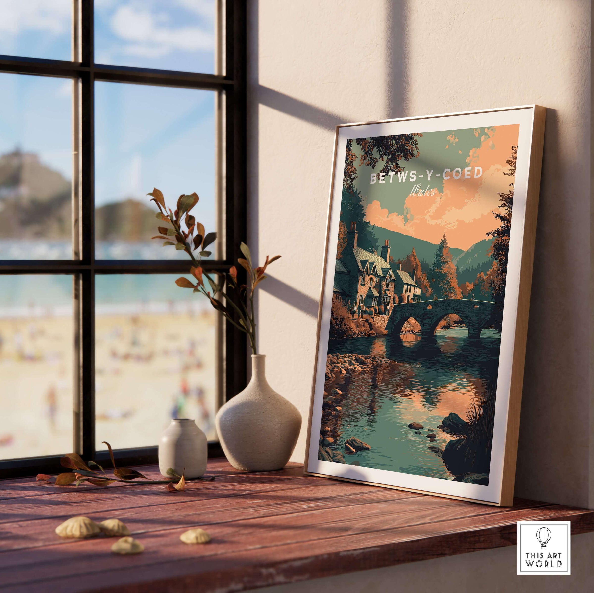 Betws-y-Coed Wales Village Art Print - Scenic Welsh Travel Poster displayed in a cozy interior with natural elements.