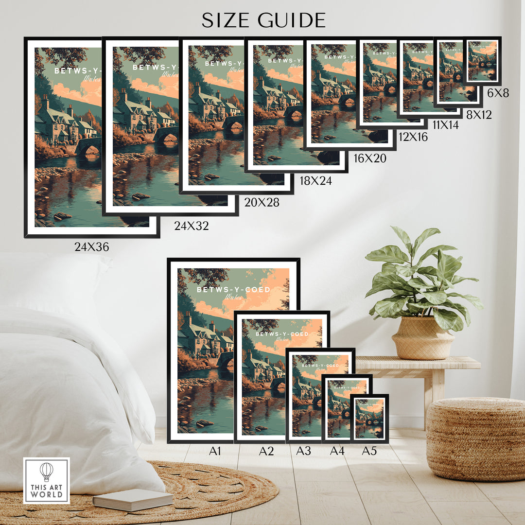 Size guide for Betws-y-Coed Wales village art print showing various frame sizes and placements in a stylish room setting.