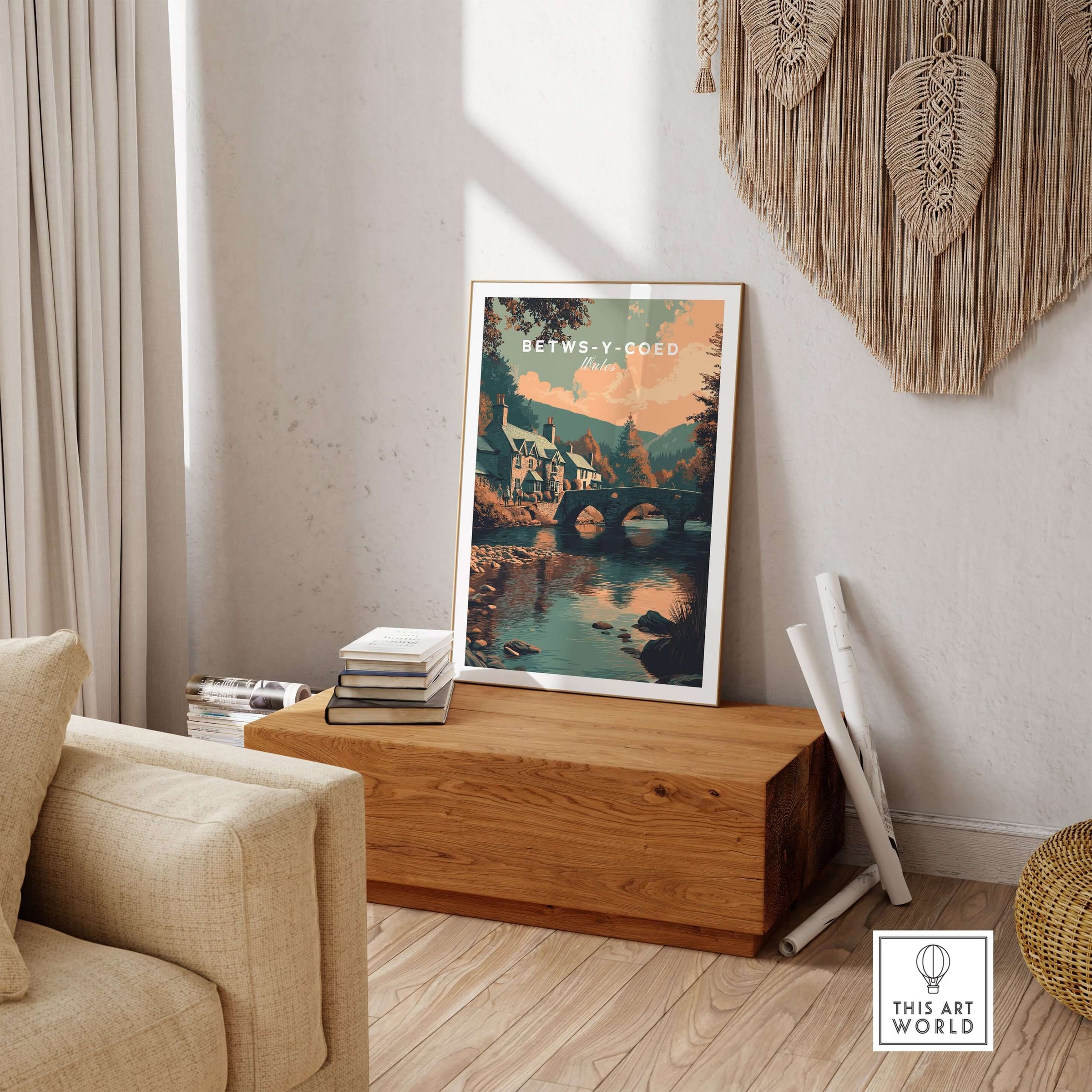 Betws-y-Coed Wales Village Art Print - Scenic Welsh Travel Poster displayed in a cozy living room.
