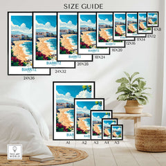 Biarritz Poster France size guide showcasing various poster dimensions for coastal artwork.