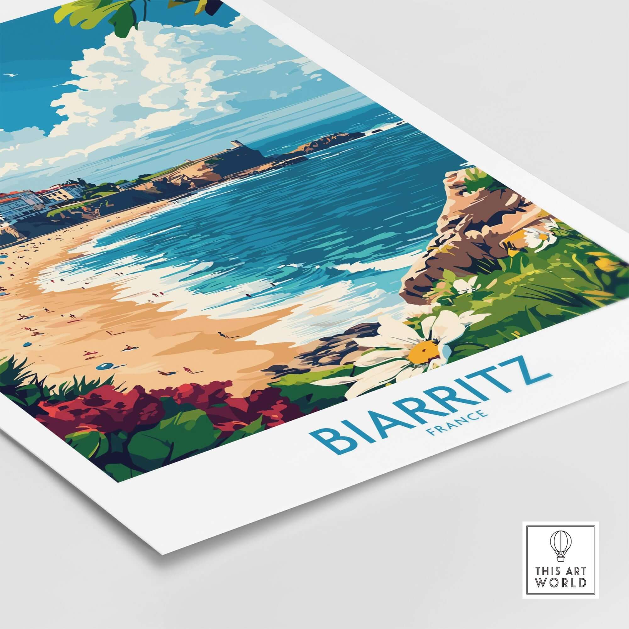 Biarritz Poster France featuring a vibrant coastal scene of Biarritz, capturing the essence of the French Riviera.