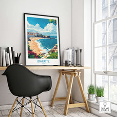 Biarritz Poster France displayed in a modern office setting with a scenic coastal view.