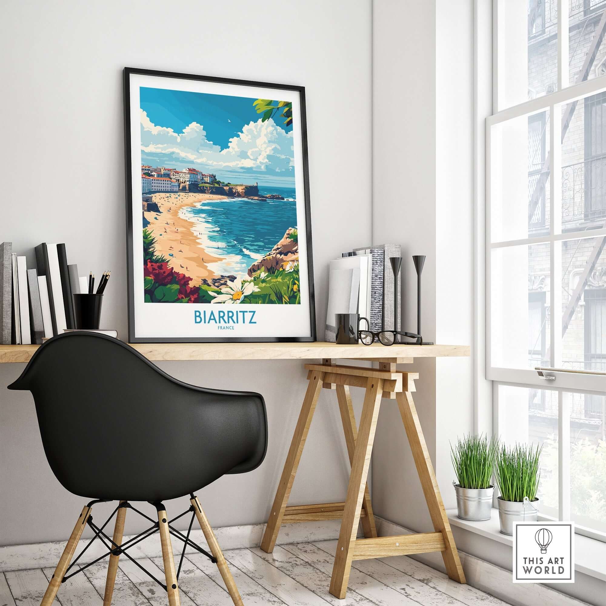 Biarritz Poster France displayed in a modern office setting with a scenic coastal view.