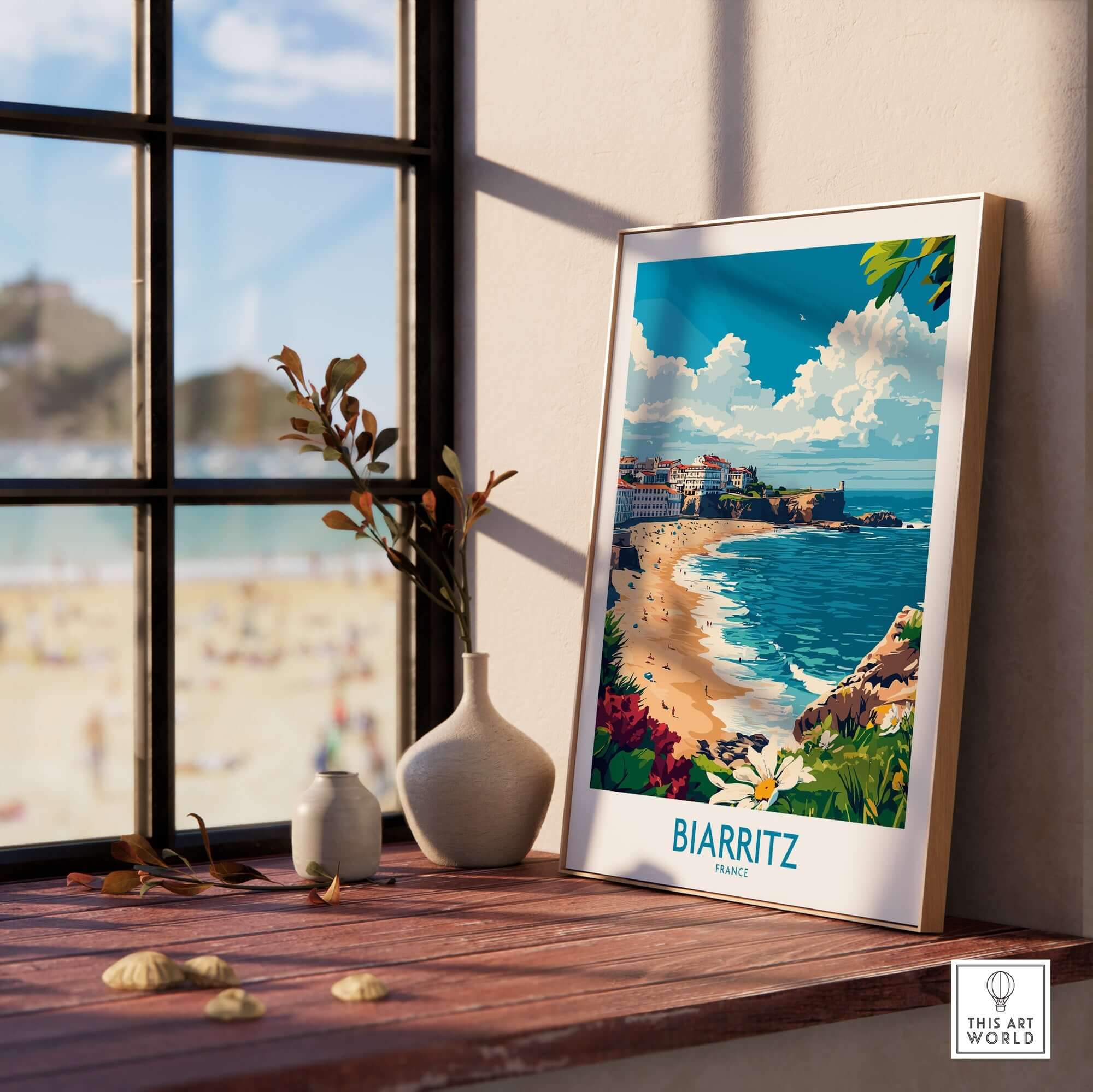 Biarritz Poster France showcasing the beautiful coastline and vibrant culture of Biarritz, displayed in a cozy interior.