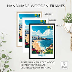 Biarritz Poster France framed in handmade wooden frames in natural, white, and black options.