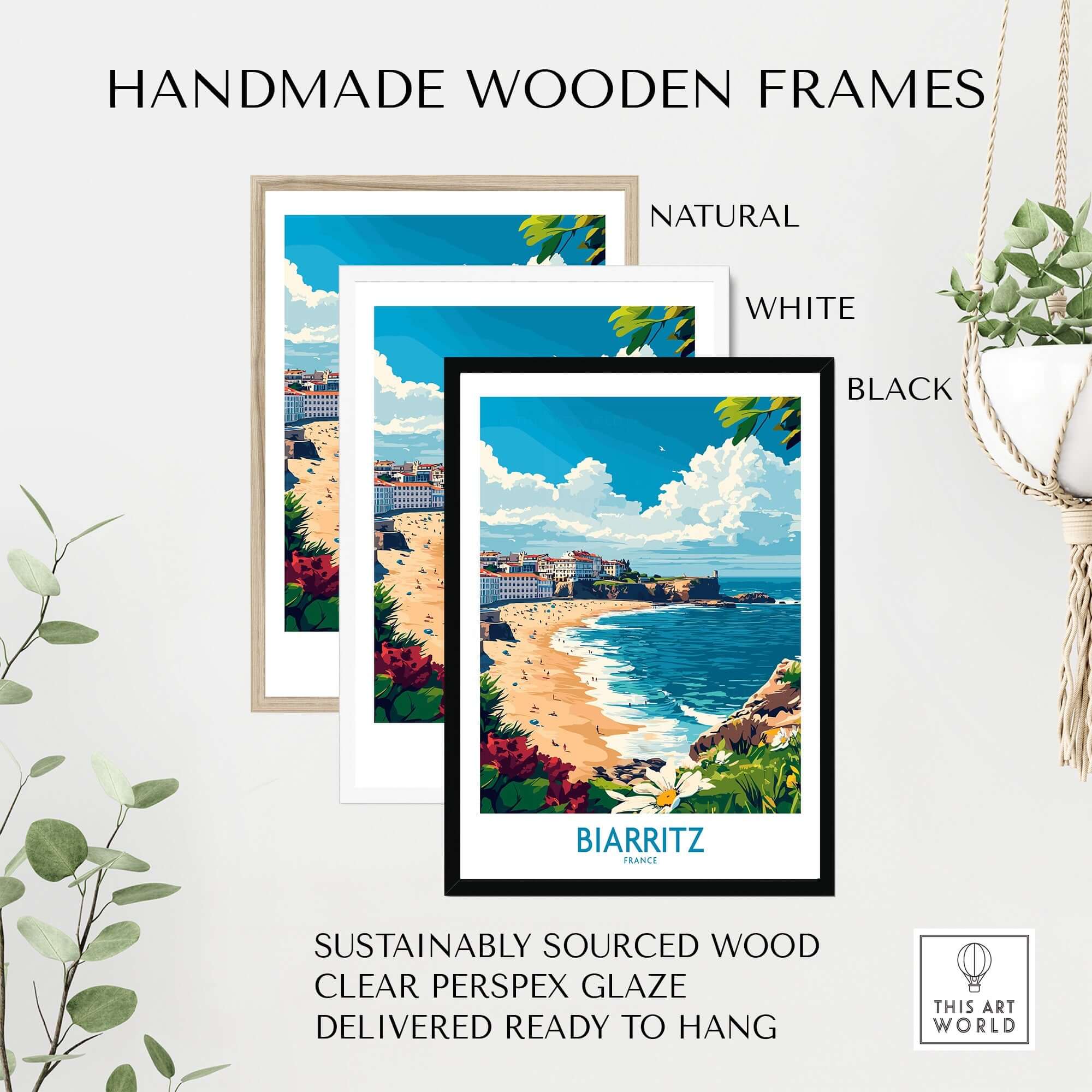 Biarritz Poster France framed in handmade wooden frames in natural, white, and black options.