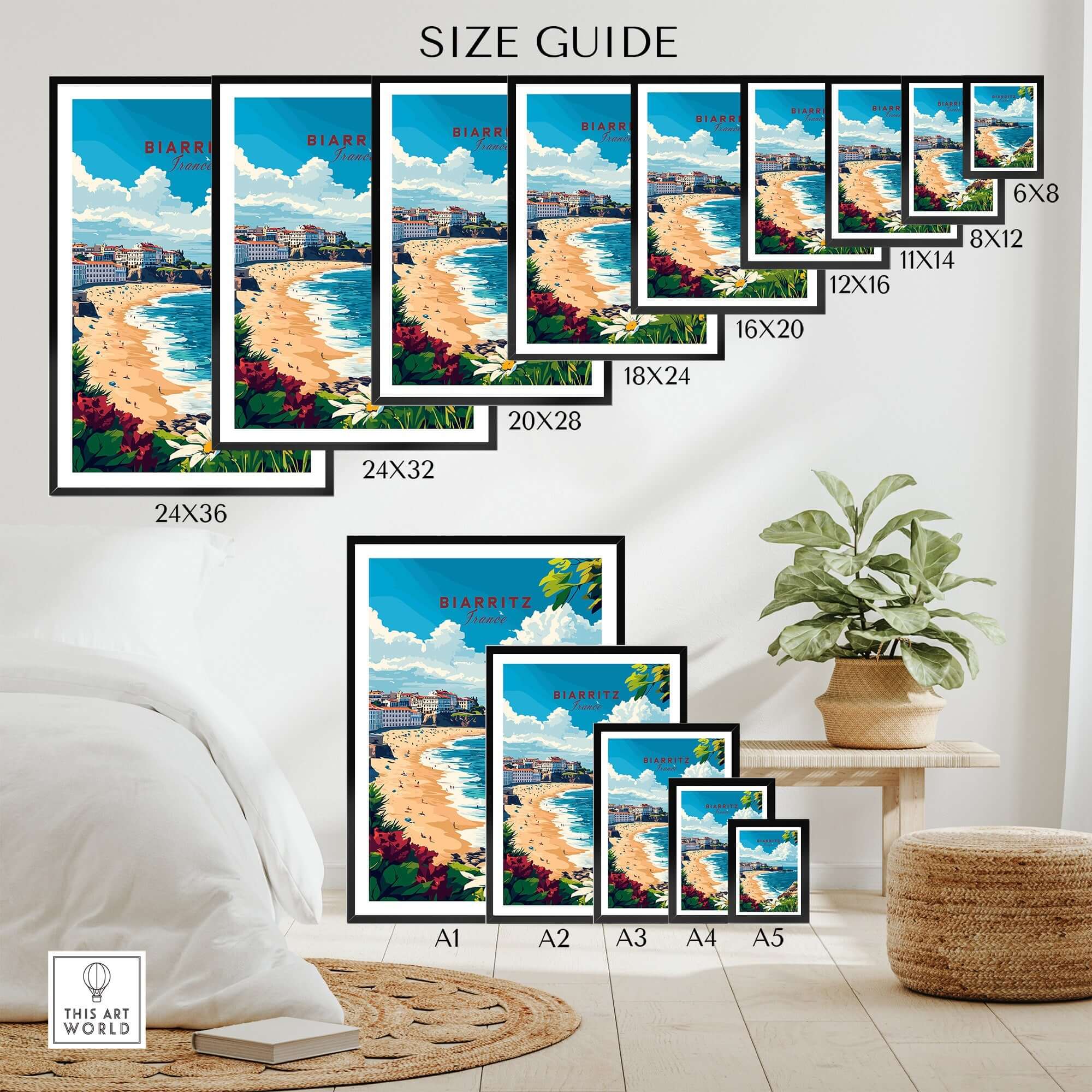Biarritz Print size guide displaying various poster dimensions for the stunning Biarritz Print decor.