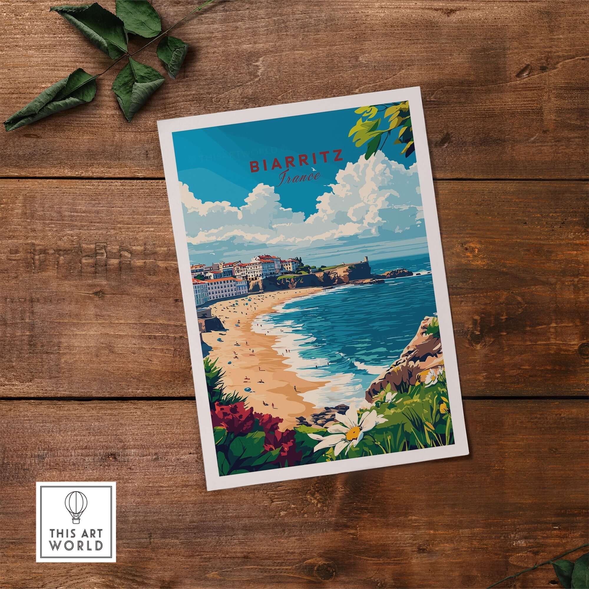 Biarritz Print poster featuring a vibrant coastal scene of Biarritz, France, with beautiful colors and seaside charm.