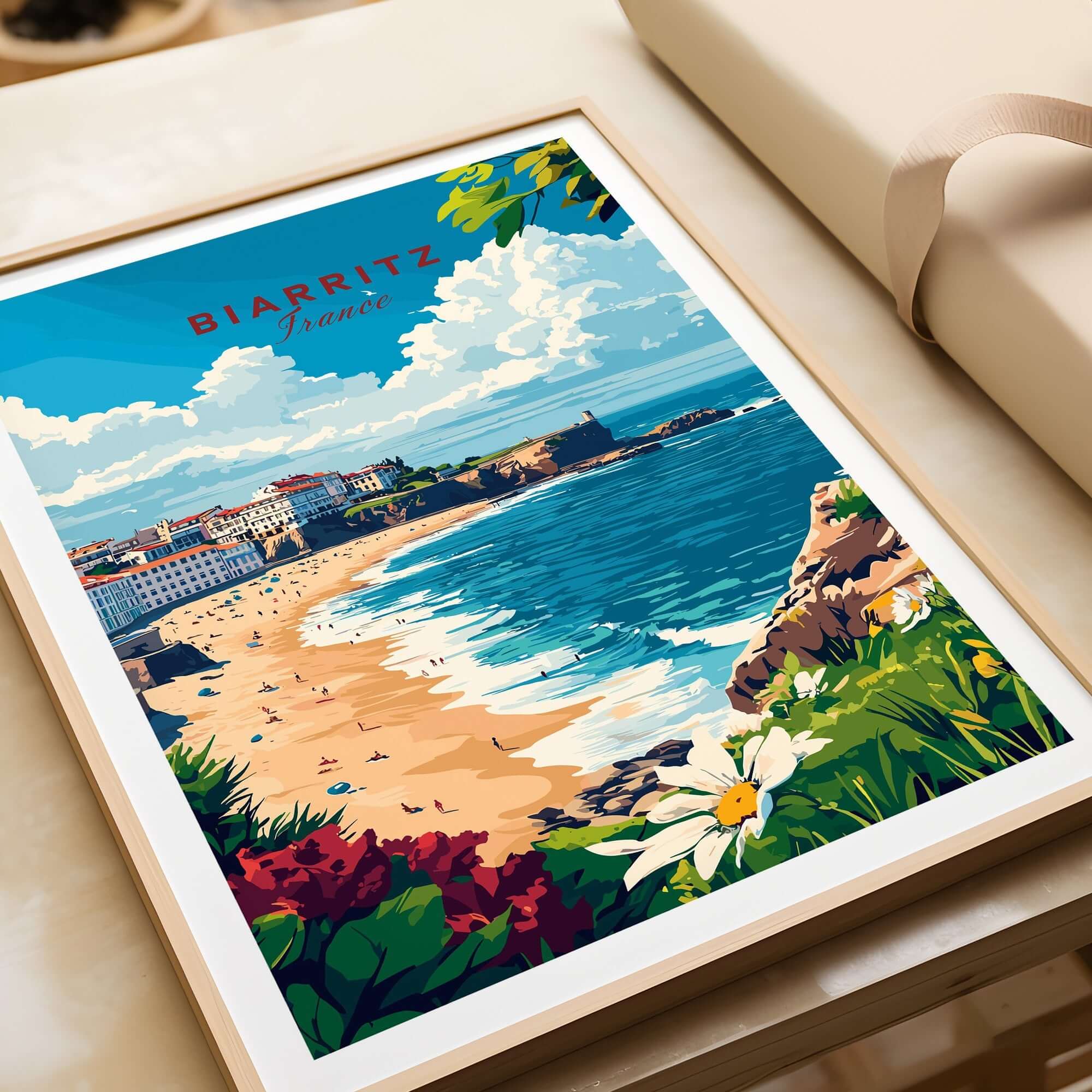 Biarritz Print poster showcasing the scenic beach and vibrant coastline of Biarritz, France, framed elegantly.