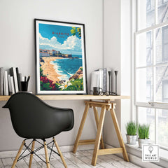 Biarritz Print poster displayed in a stylish home office with a view of the coastal town of Biarritz, France.