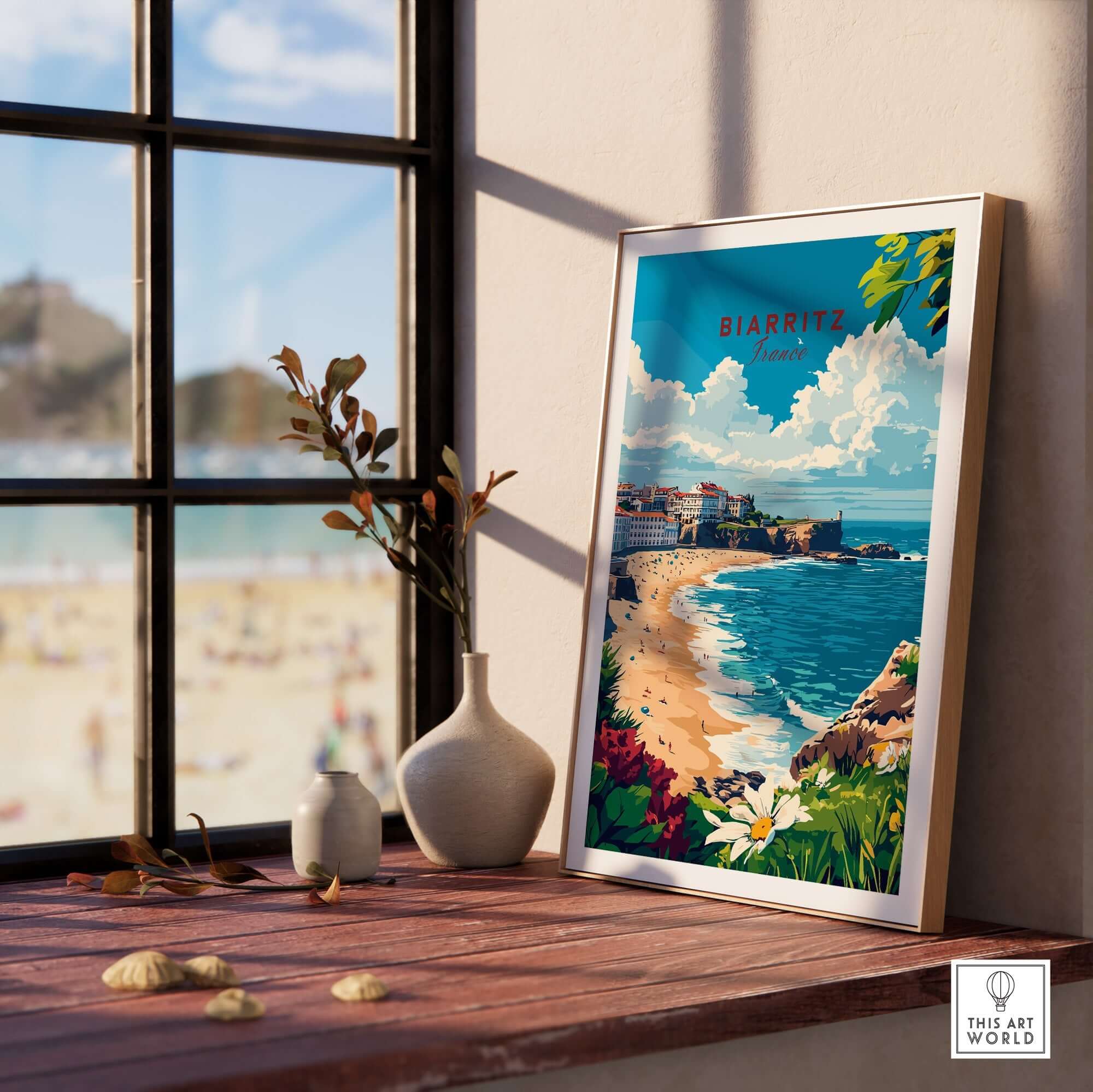 Biarritz Print poster showcasing the vibrant coastal beauty of Biarritz, France, displayed in a stylish interior setting.