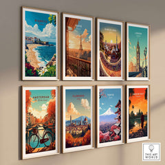 Biarritz Print travel poster among other city posters showcasing vibrant colors and iconic landmarks.