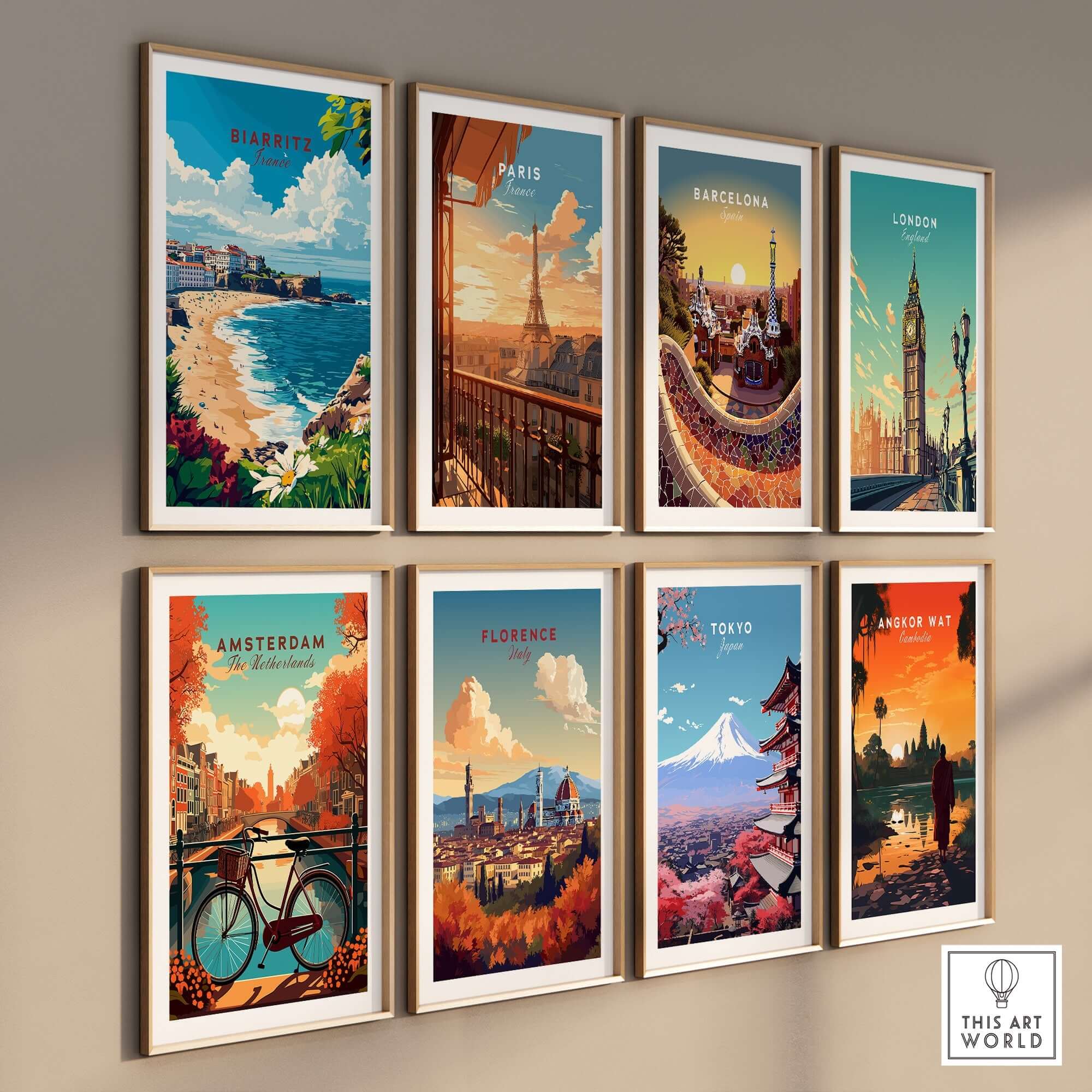 Biarritz Print travel poster among other city posters showcasing vibrant colors and iconic landmarks.