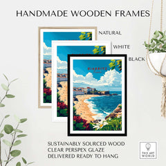Biarritz Print framed in handmade wooden frames in natural, white, and black colors, showcasing seaside scenery.