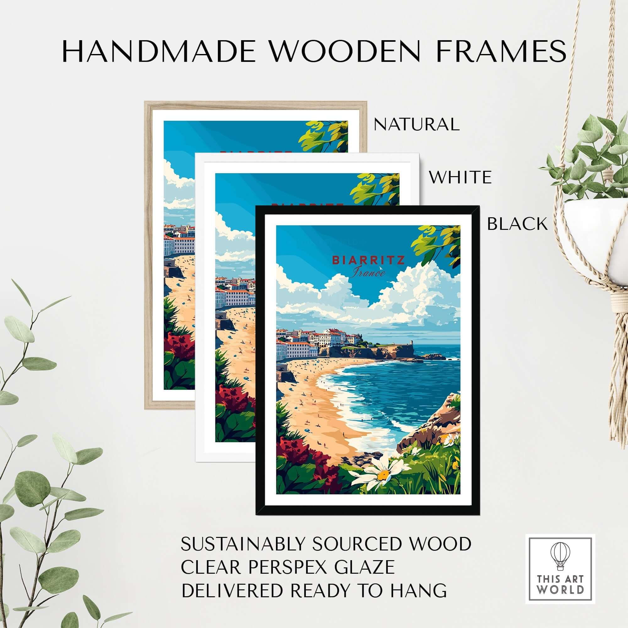 Biarritz Print framed in handmade wooden frames in natural, white, and black colors, showcasing seaside scenery.