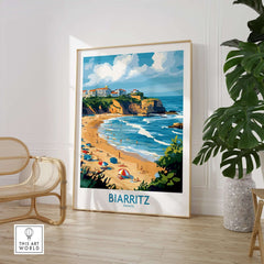 Biarritz Travel Poster showcasing the coastal beauty of Biarritz, France with vibrant colors and a beach scene.