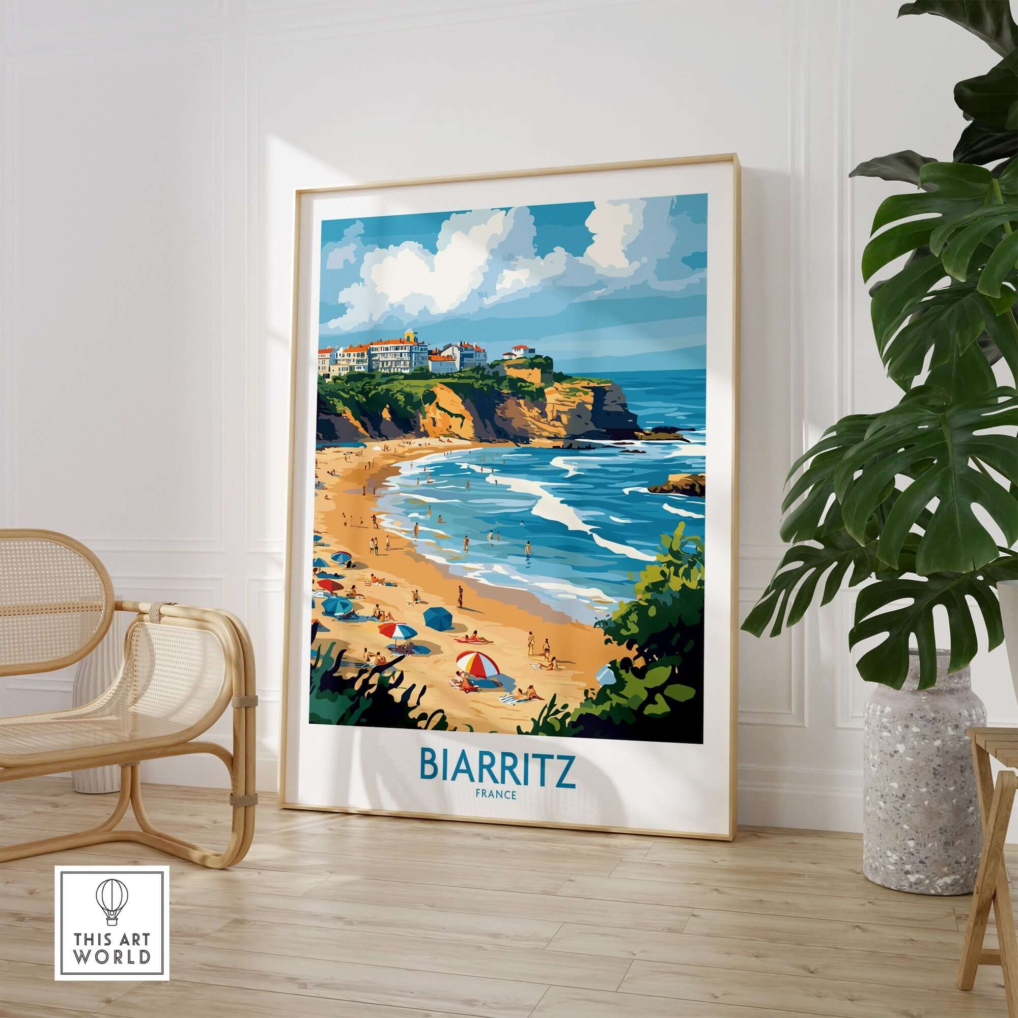Biarritz Travel Poster showcasing the coastal beauty of Biarritz, France with vibrant colors and a beach scene.