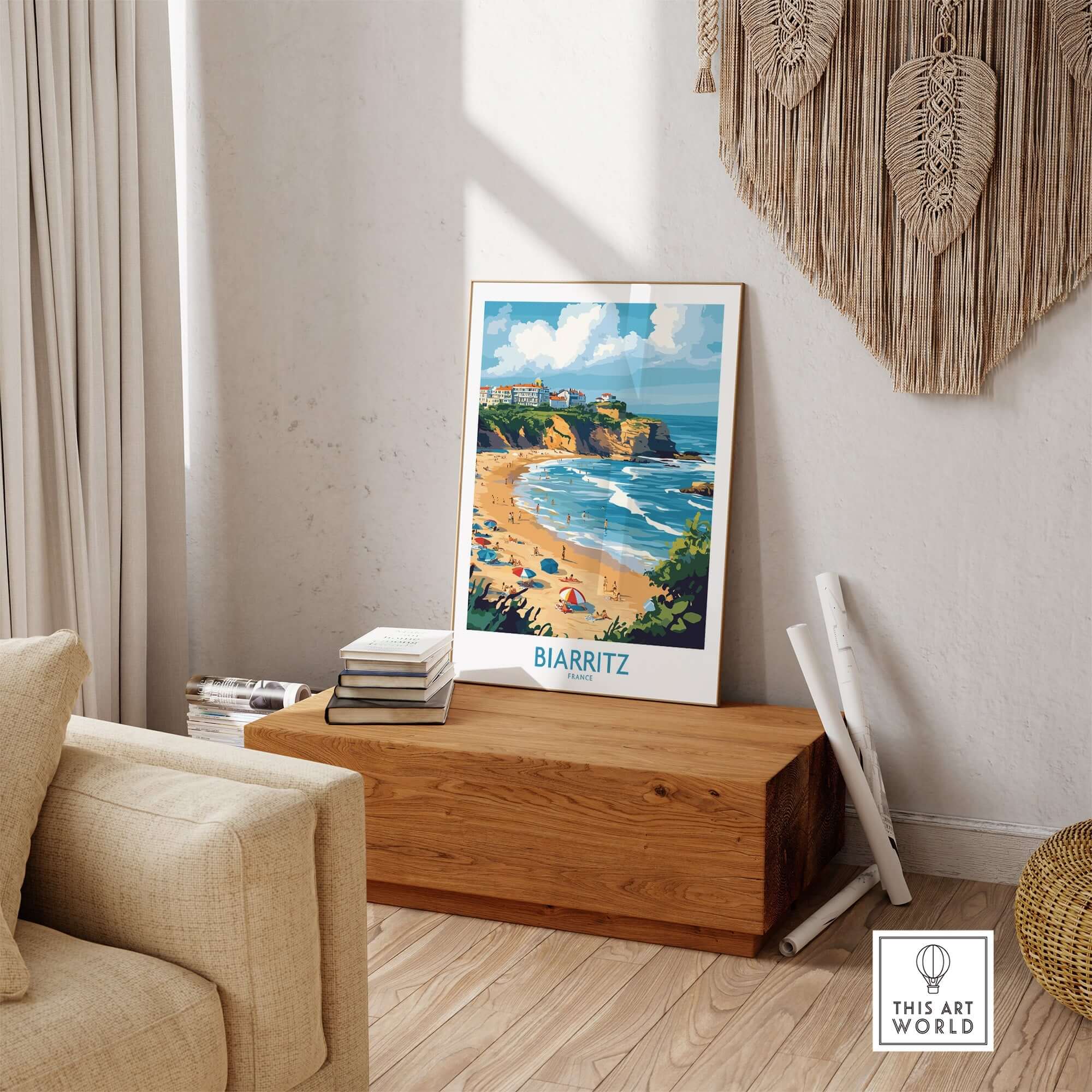 Biarritz Travel Poster showcasing a vibrant coastal scene, perfect for home decor and travel inspiration.