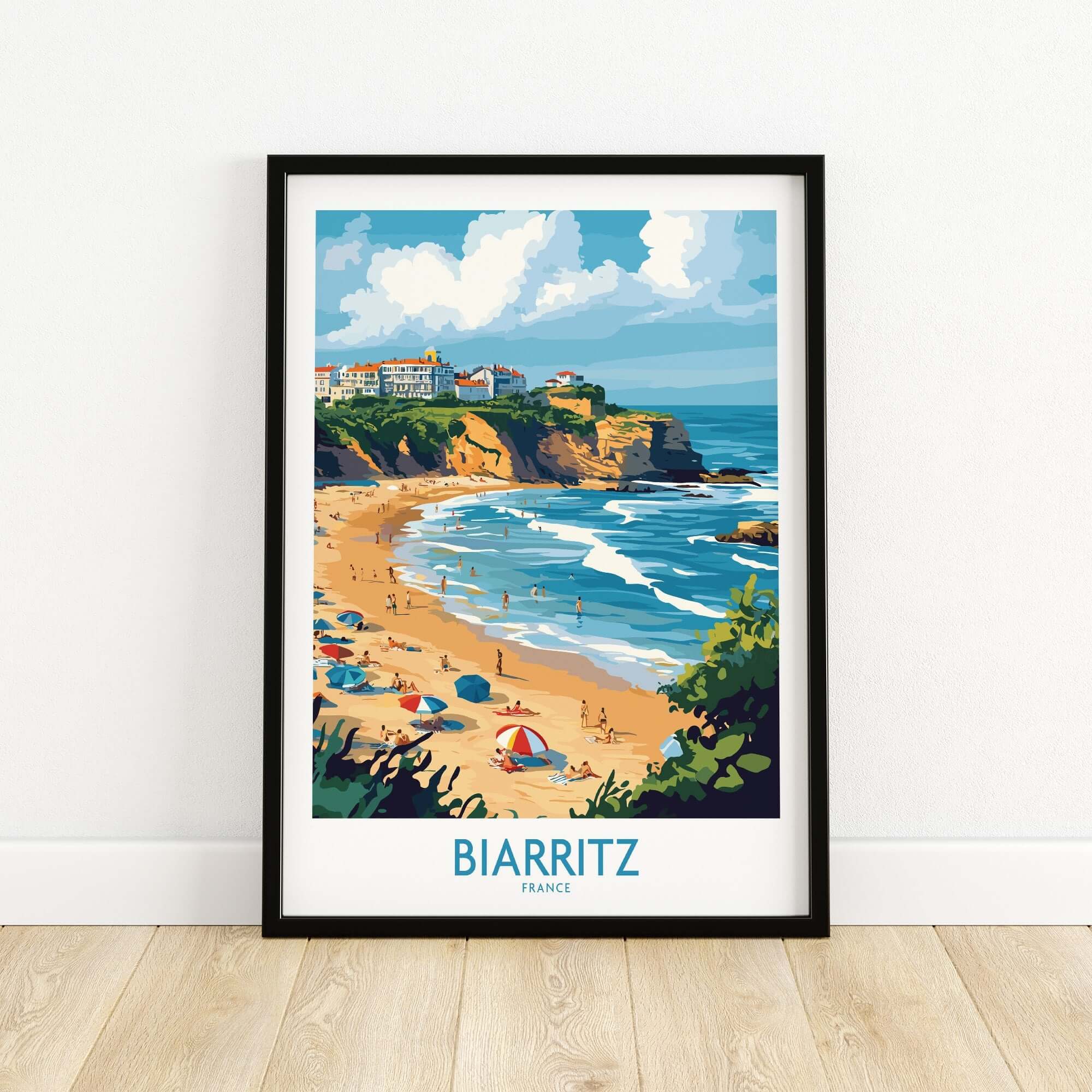 Biarritz Travel Poster featuring a vibrant coastal scene of Biarritz, France, with colorful umbrellas and beachgoers.