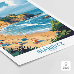 Biarritz Travel Poster featuring a vibrant beach scene with colorful umbrellas and seaside waves in France.