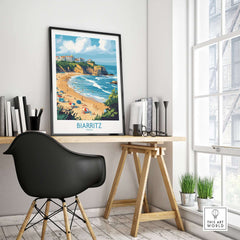 Biarritz Travel Poster displayed in a stylish home office, showcasing the beauty of the coastal city.