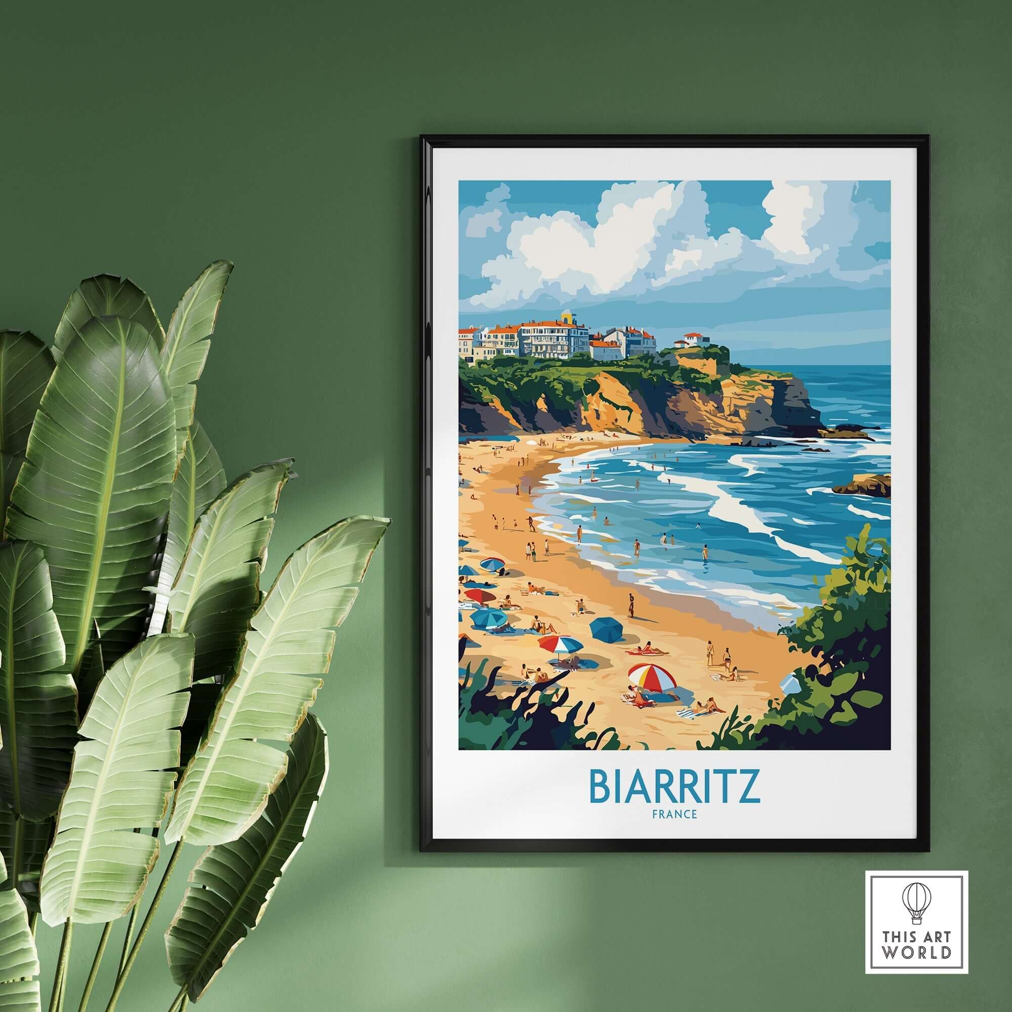 Biarritz Travel Poster showcasing the beautiful coastal city of Biarritz, France with vibrant colors and scenic views.