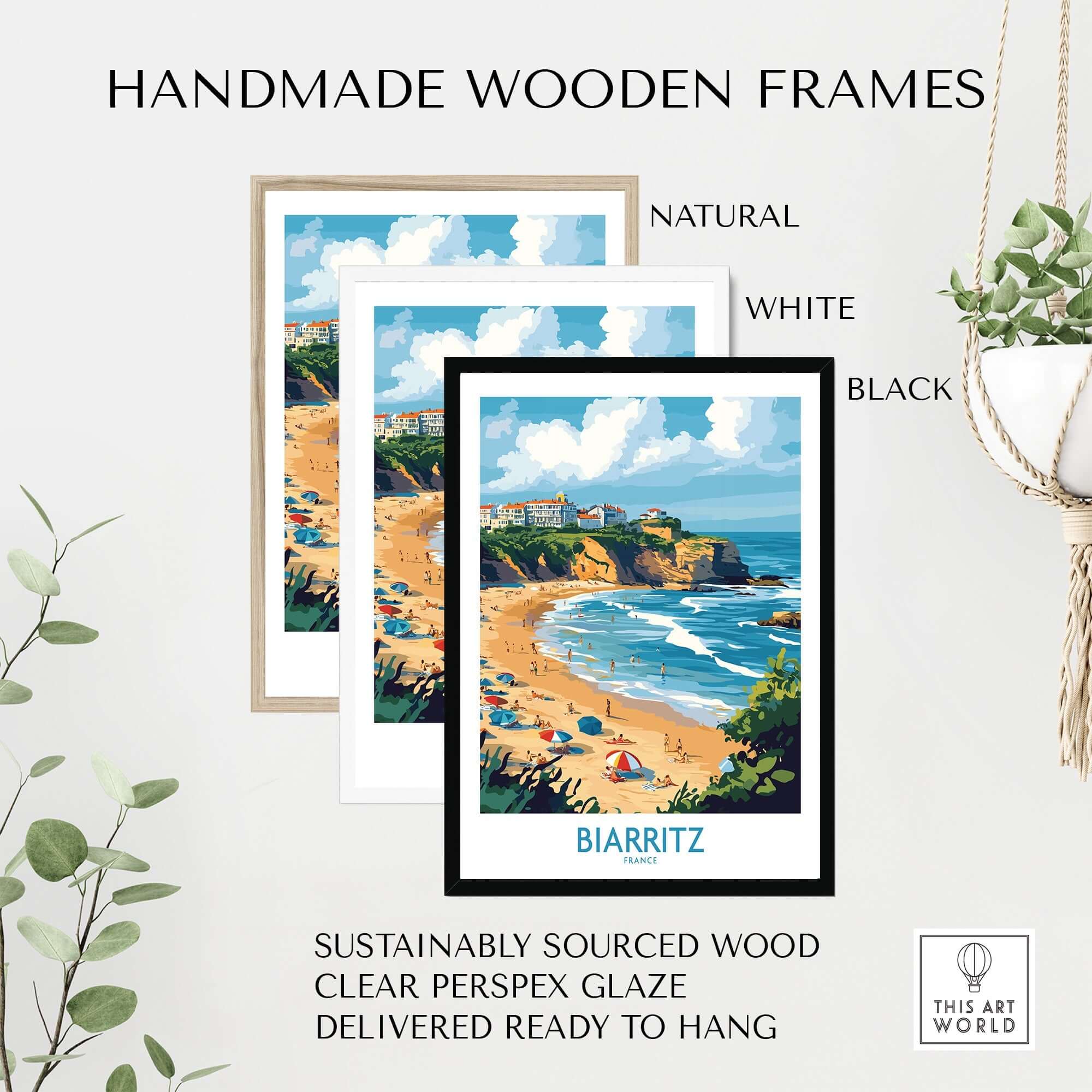 Biarritz Travel Poster displayed in handmade wooden frames in natural, white, and black finishes.