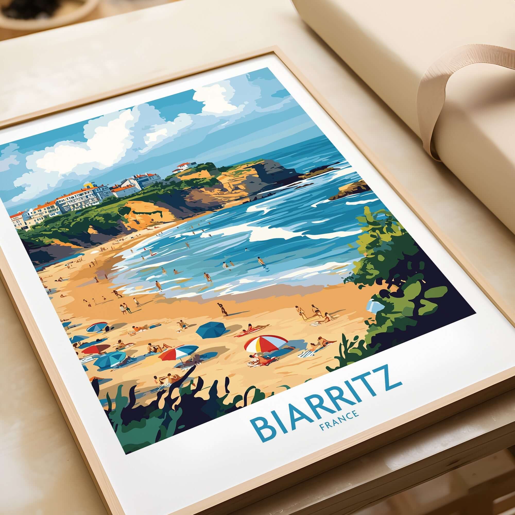 Biarritz Travel Poster showcasing the beautiful beach and coastal scenery of Biarritz, France.