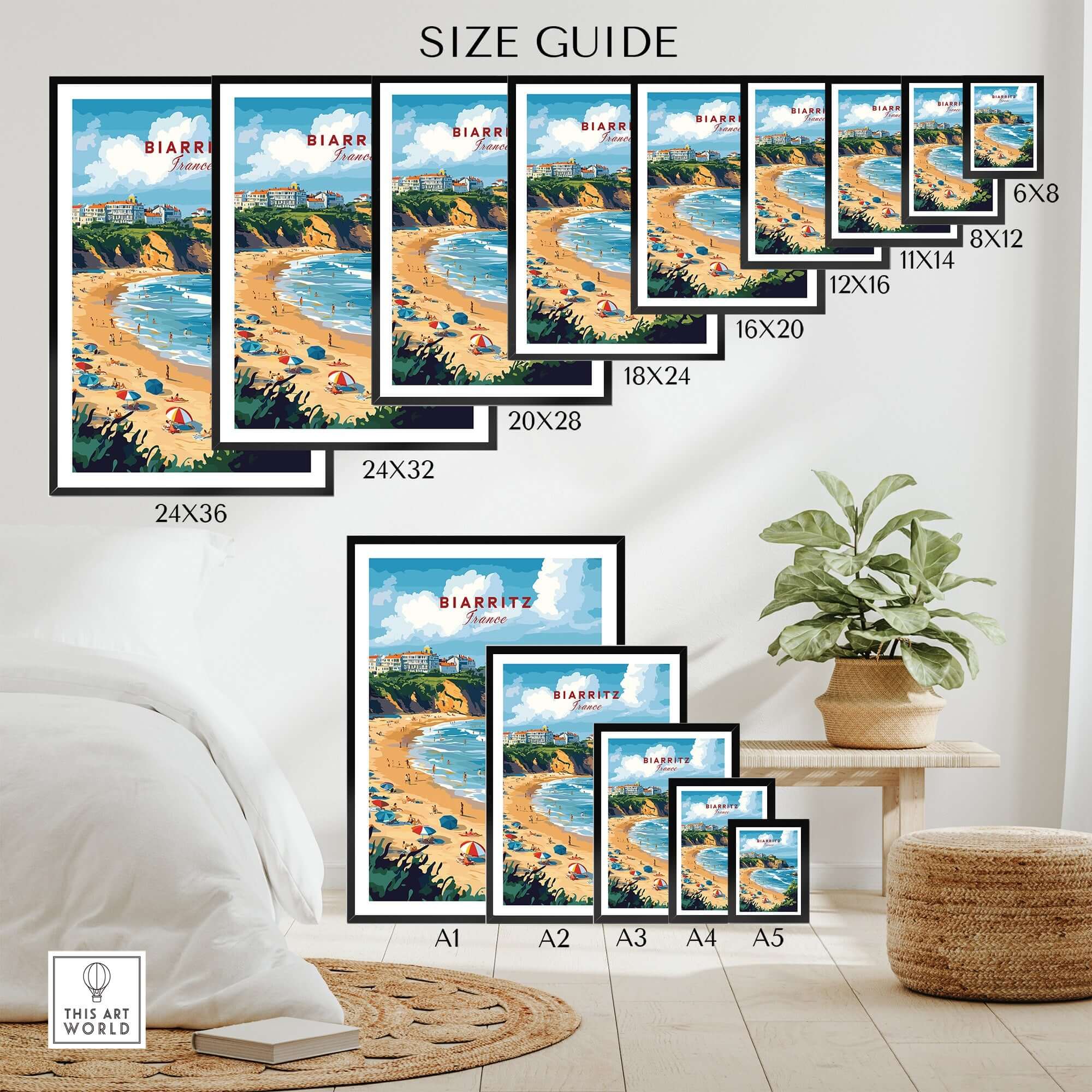 Biarritz Travel Print size guide showcasing various frame sizes for the scenic beach print.