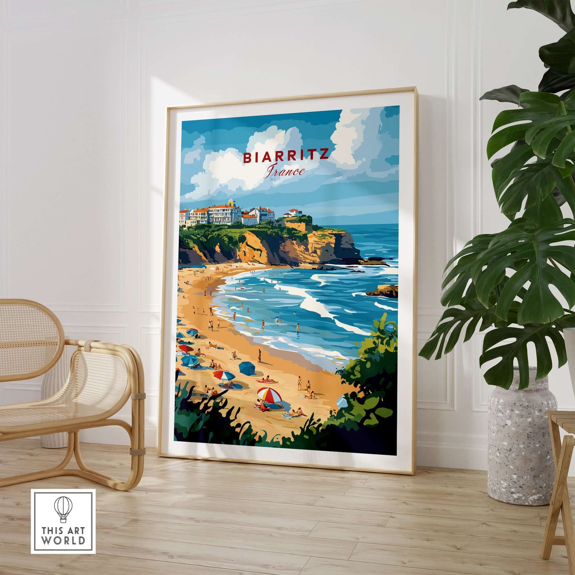 Biarritz Travel Print showcasing scenic beach and coastal charm of Biarritz, France in a beautifully framed print.