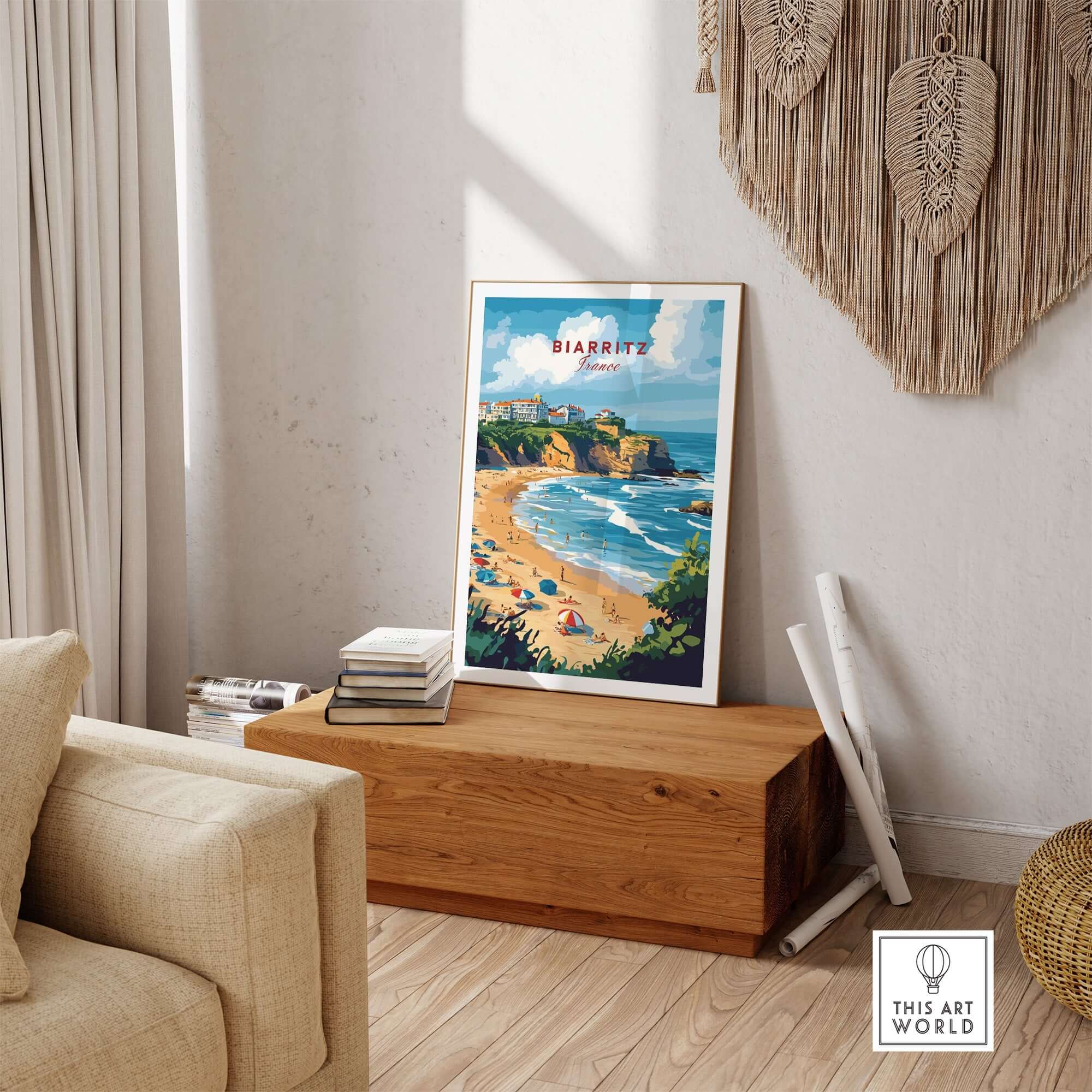 Biarritz Travel Print showcasing a beach scene, perfect for home decor and inspiring wanderlust.