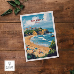 Biarritz Travel Print showcasing the beach and coastline of Biarritz, France with vibrant colors and inviting scenery.