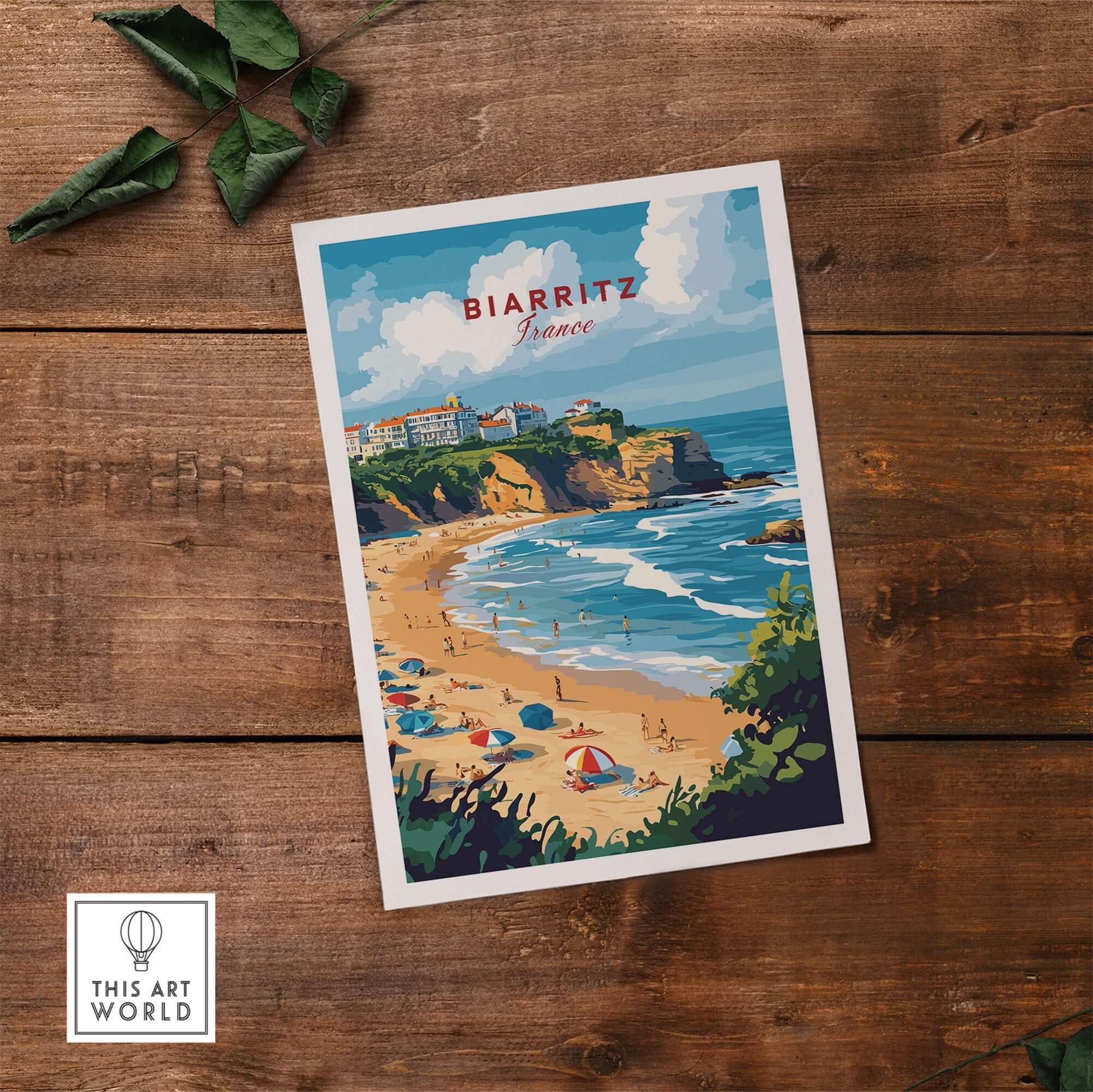 Biarritz Travel Print showcasing the beach and coastline of Biarritz, France with vibrant colors and inviting scenery.