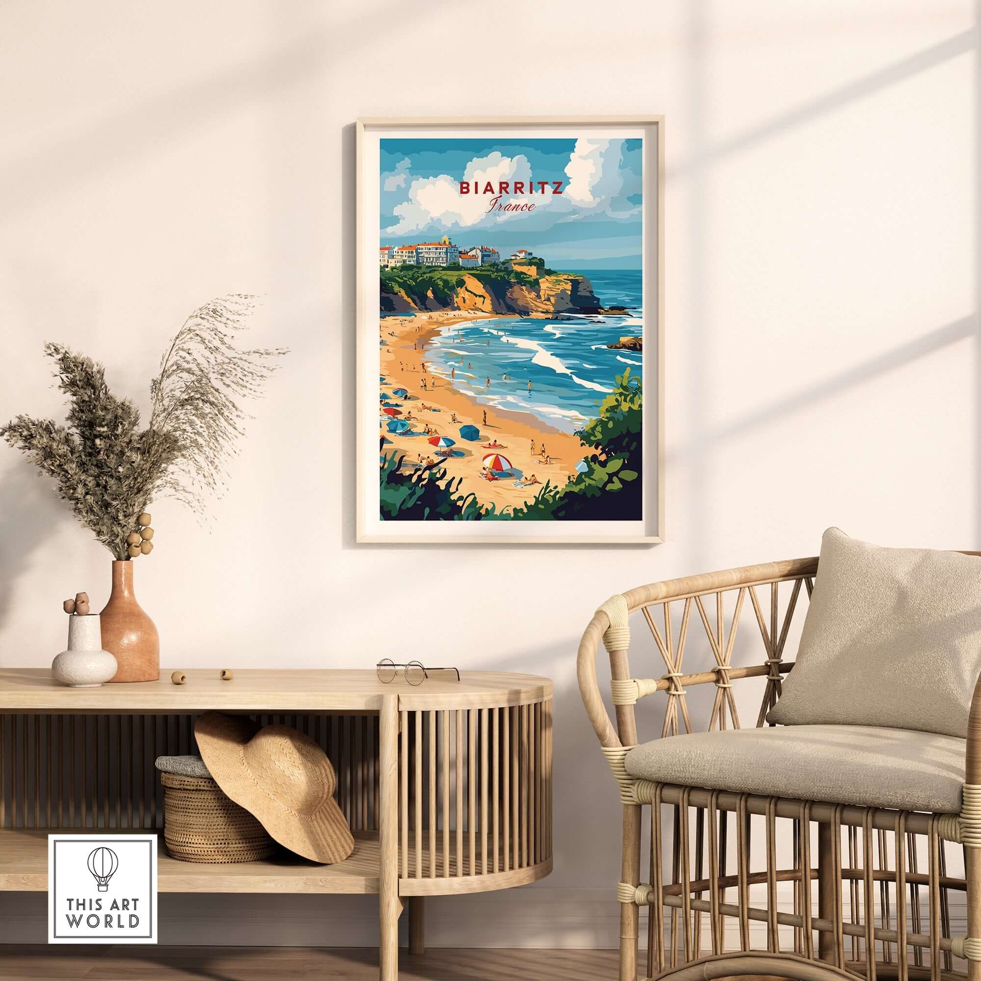 Biarritz Travel Print showcasing a scenic beach view and charming coastal landscape of Biarritz, France.