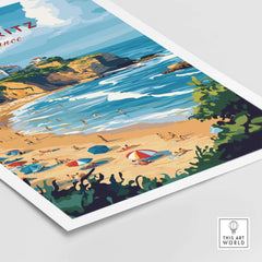 Biarritz Travel Print showcasing vibrant beach scene with sunbathers and colorful umbrellas, capturing the charm of Biarritz.