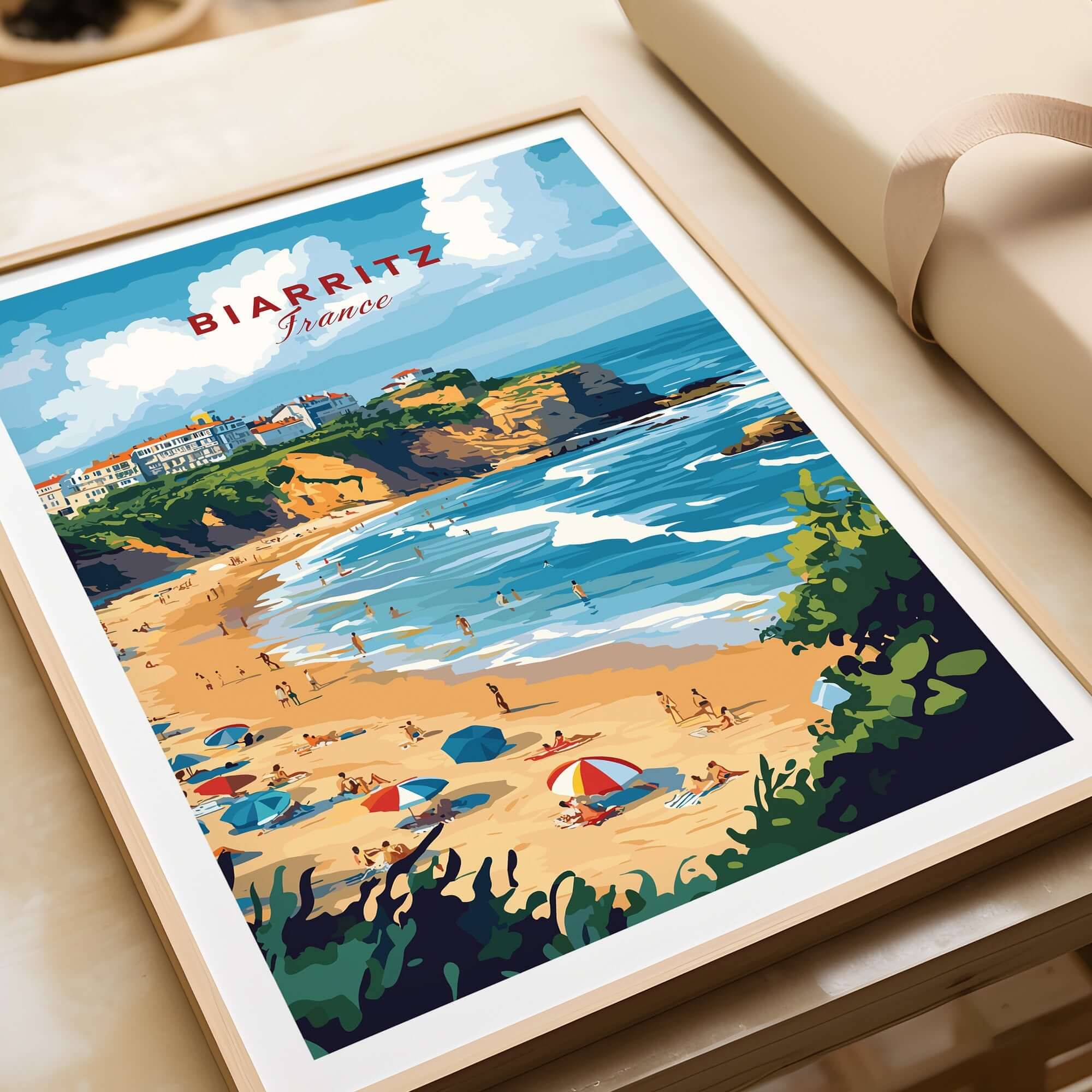 Biarritz Travel Print showcasing the beautiful beaches and scenery of Biarritz, France.