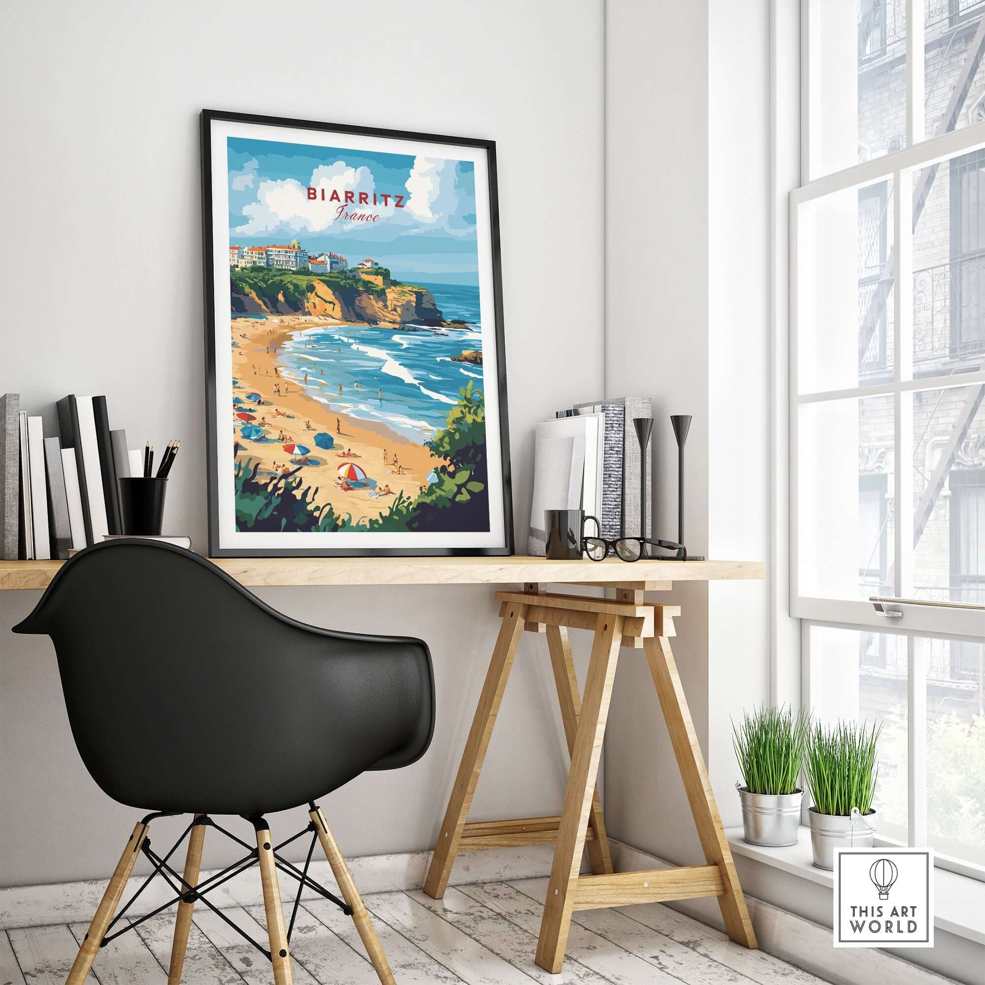 Biarritz Travel Print displayed in a modern office, showcasing the beautiful beaches and charm of Biarritz.