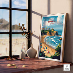 Biarritz Travel Print showcasing a scenic view of the beach and cliffs in Biarritz, France, ideal for travel decor.