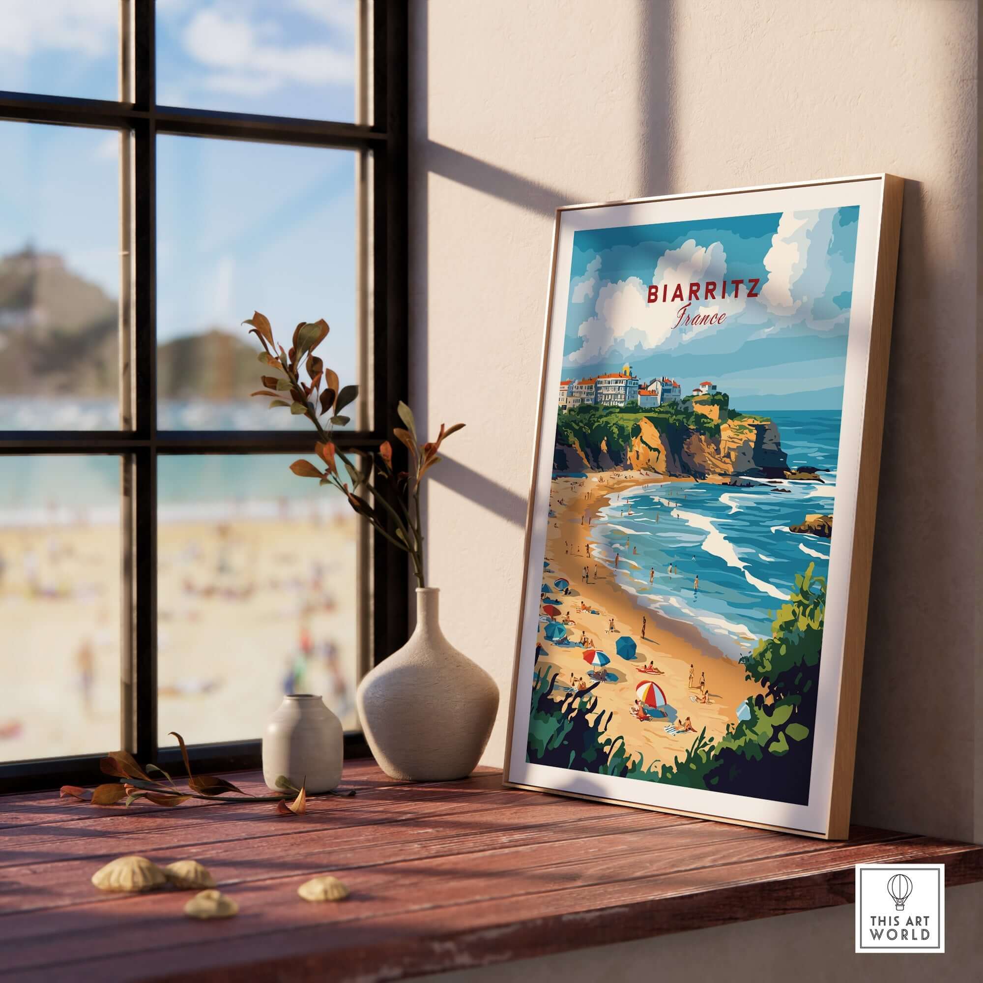 Biarritz Travel Print showcasing a scenic view of the beach and cliffs in Biarritz, France, ideal for travel decor.