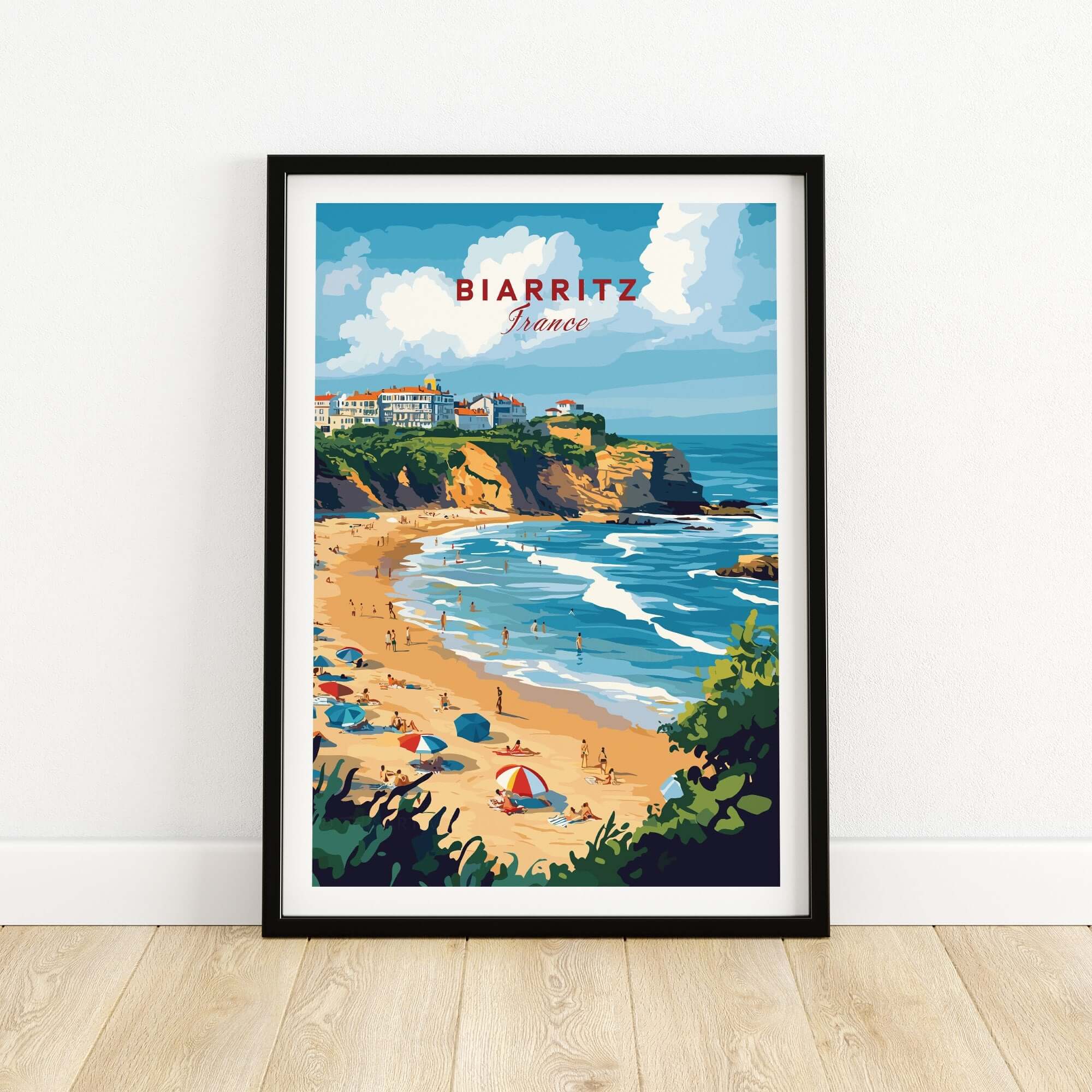 Biarritz Travel Print showcasing a vibrant beach scene in Biarritz, France, perfect for travel enthusiasts.