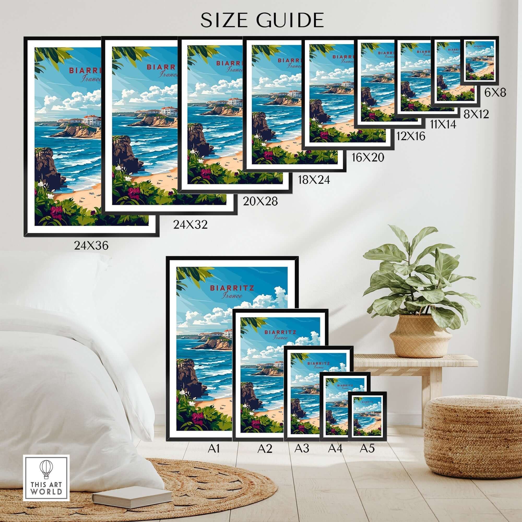 Biarritz Wall Art size guide showcasing various frame dimensions in a stylish living room setting.