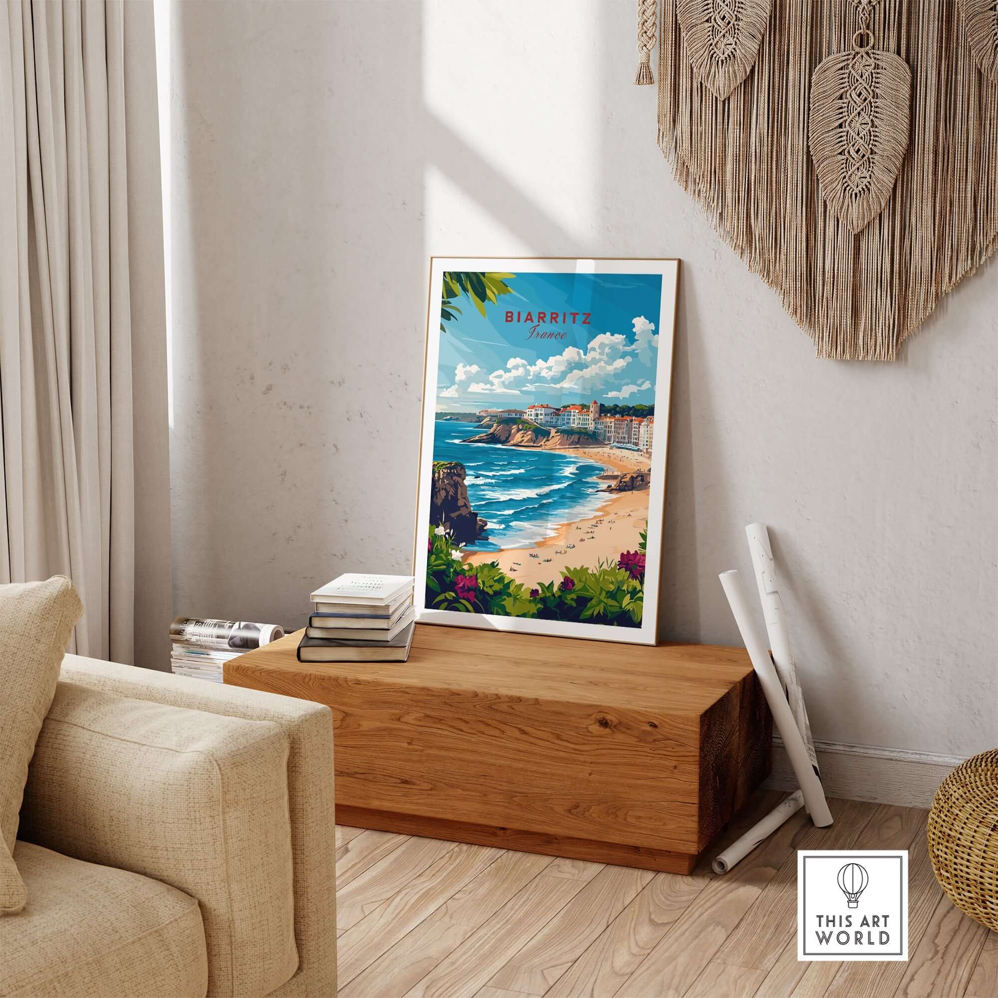 Biarritz Wall Art displayed in a stylish living room setting, enhancing home decor with vibrant colors.