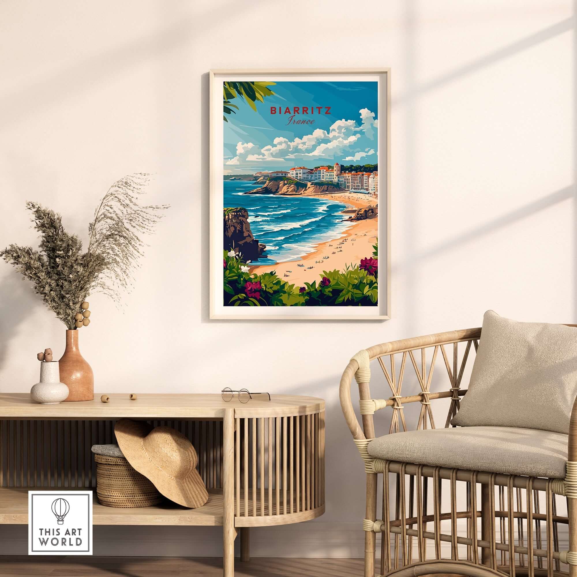 Biarritz Wall Art featuring a coastal scene with a beach and vibrant colors, perfect for home decor.