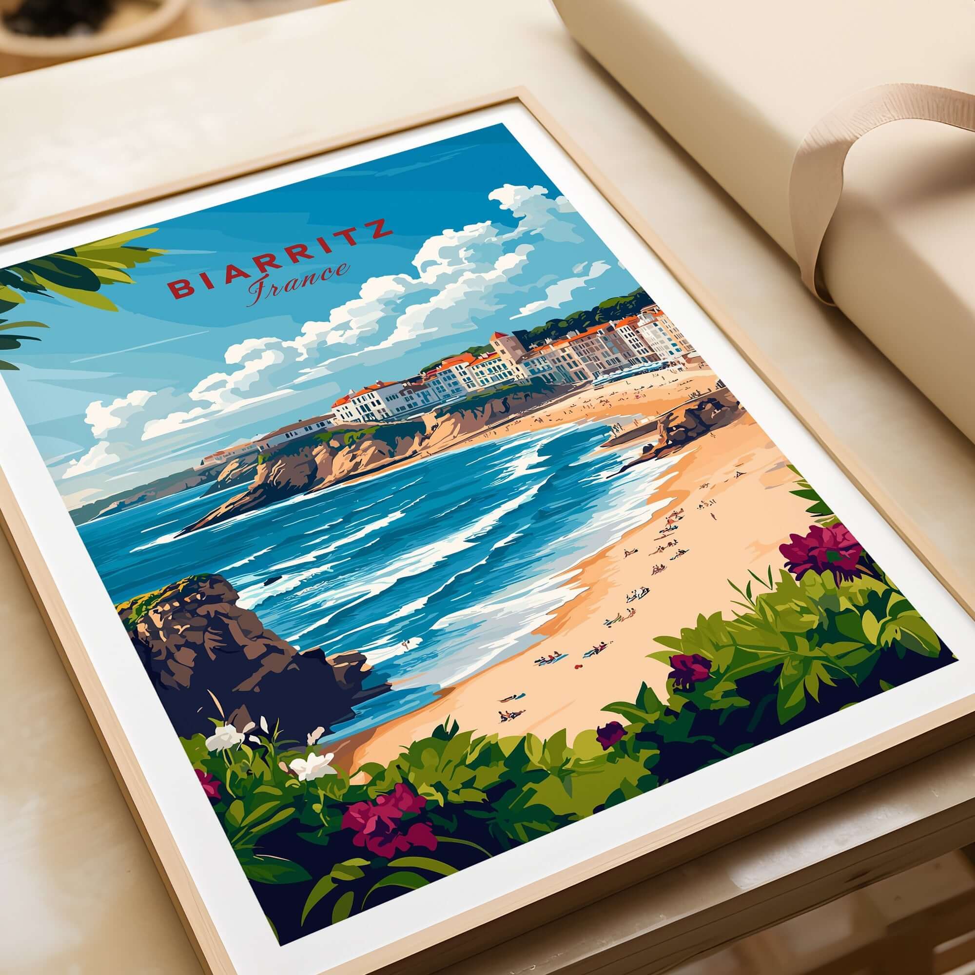 Biarritz Wall Art featuring a coastal view of Biarritz, France, with vibrant colors and intricate details.