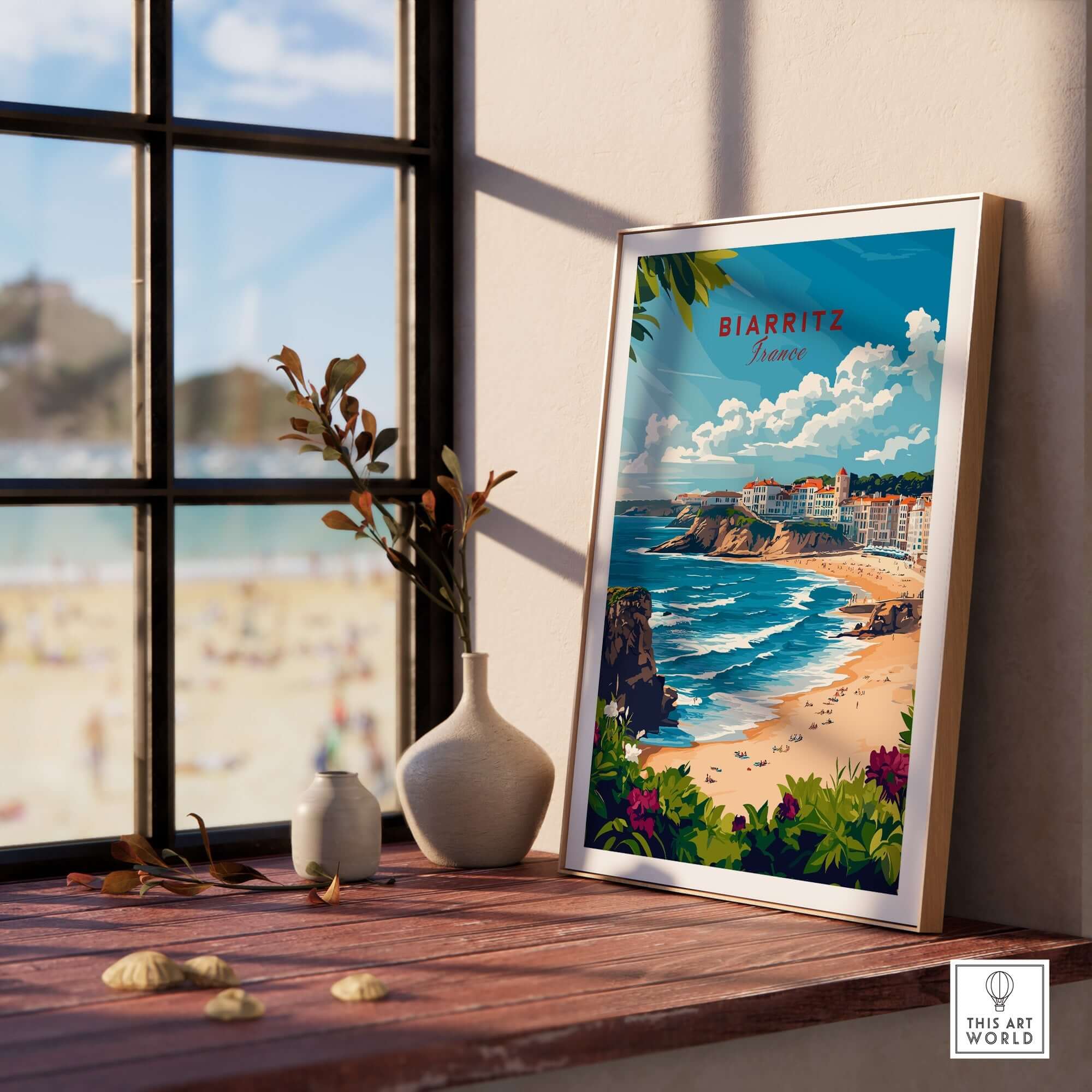 Biarritz Wall Art showcasing a scenic beach view and coastal town, perfect for home decor enhancement.