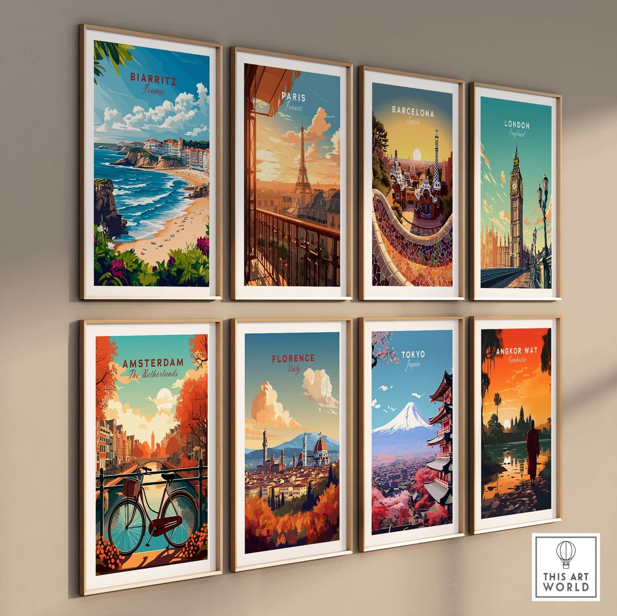 Biarritz Wall Art and city travel posters displayed together in a stylish gallery wall setting.