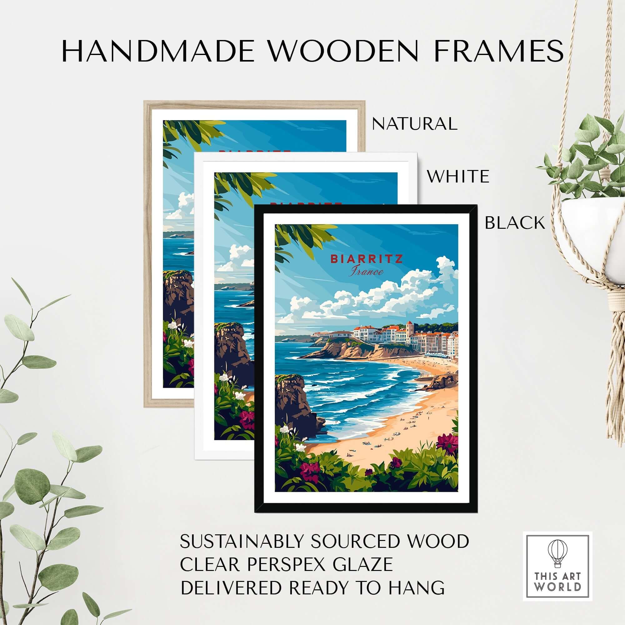 Biarritz Wall Art displayed in handmade wooden frames: natural, white, and black options for elegant home decor.